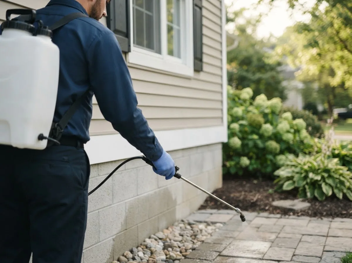 Pest control technician inspecting a home in Questa, NM